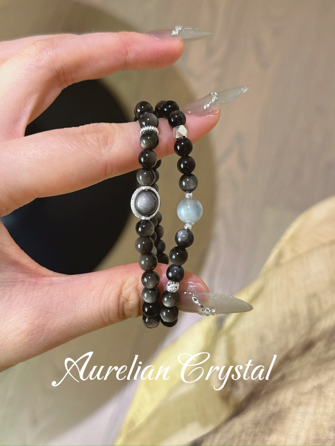 Silver Sheen Obsidian & Gray Moonstone Multi-Circle Bracelet (163x)