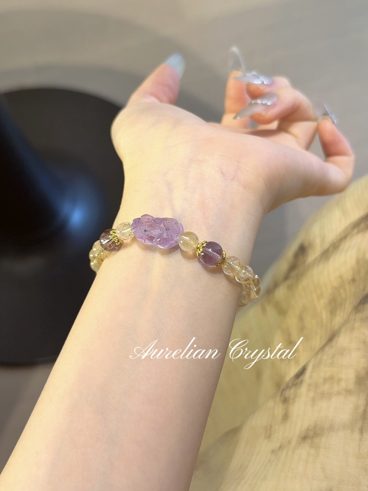 Yellow Tower Quartz & Amethyst Pi Xiu Bracelet (bac1261x)