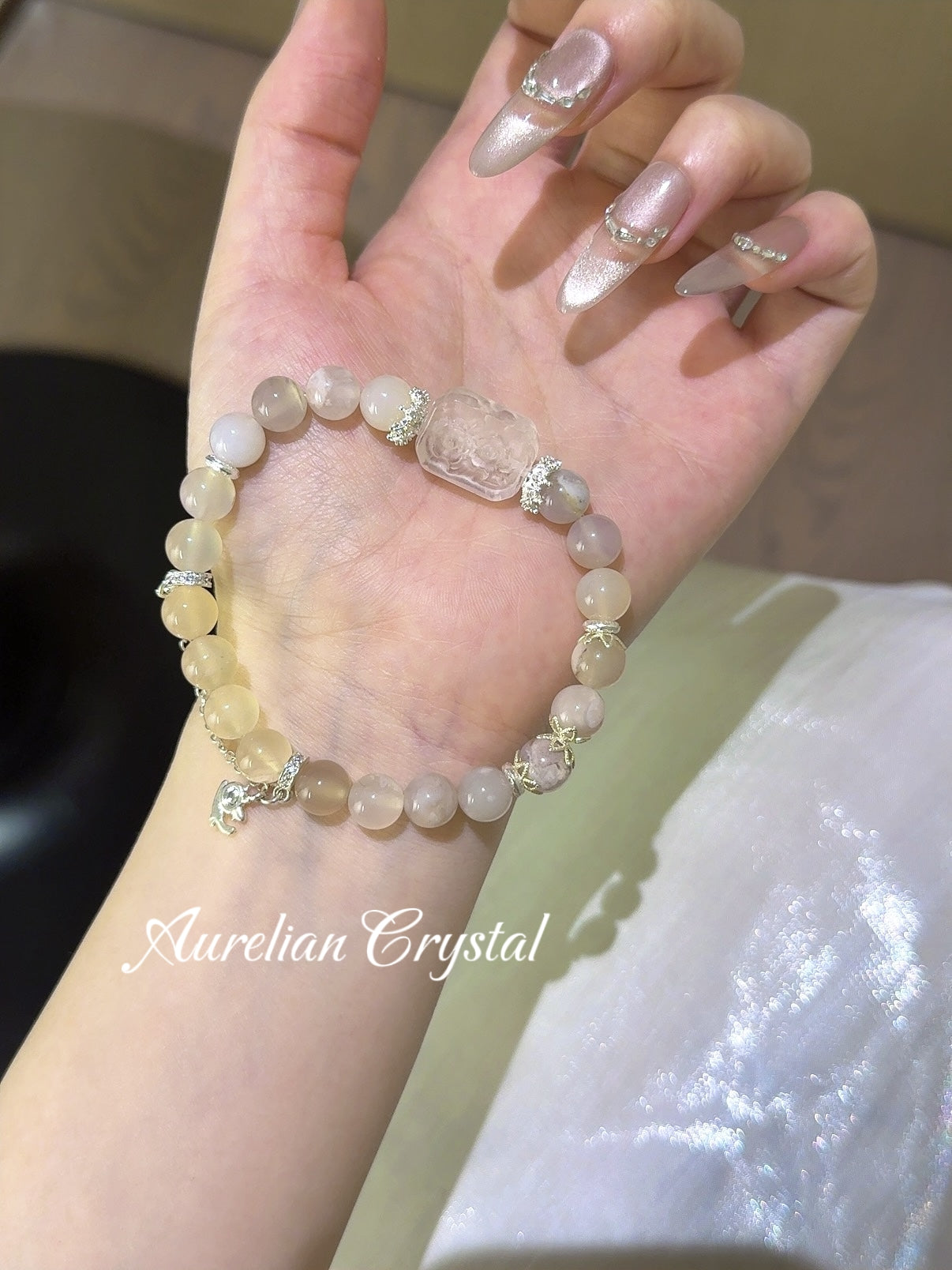 Cherry Blossom Agate & Rose Quartz Charm Bracelet (bac840)