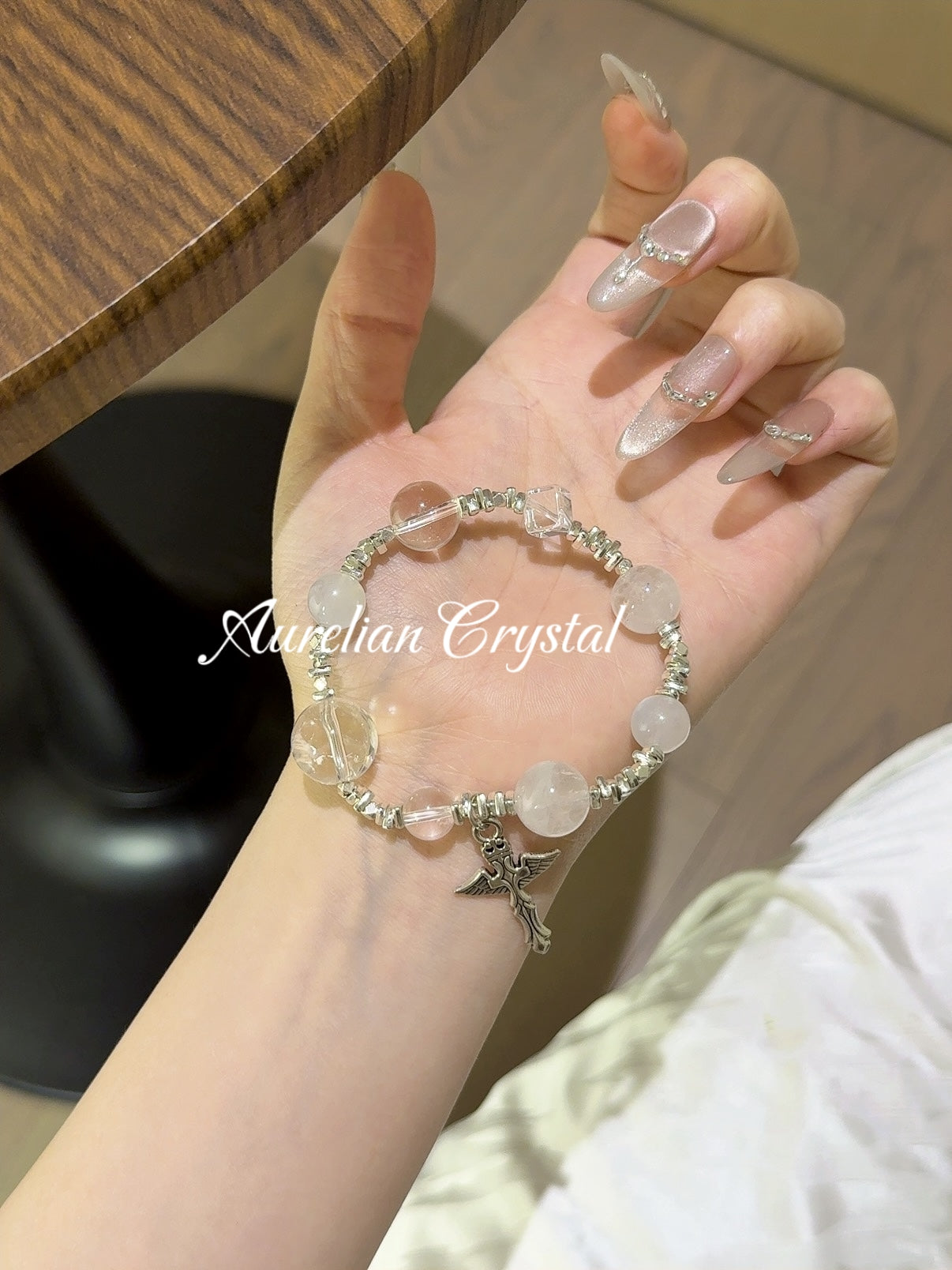 White Phantom Quartz, Clear Quartz, White Aurelite & Blue Moonstone Bracelet (bac788)