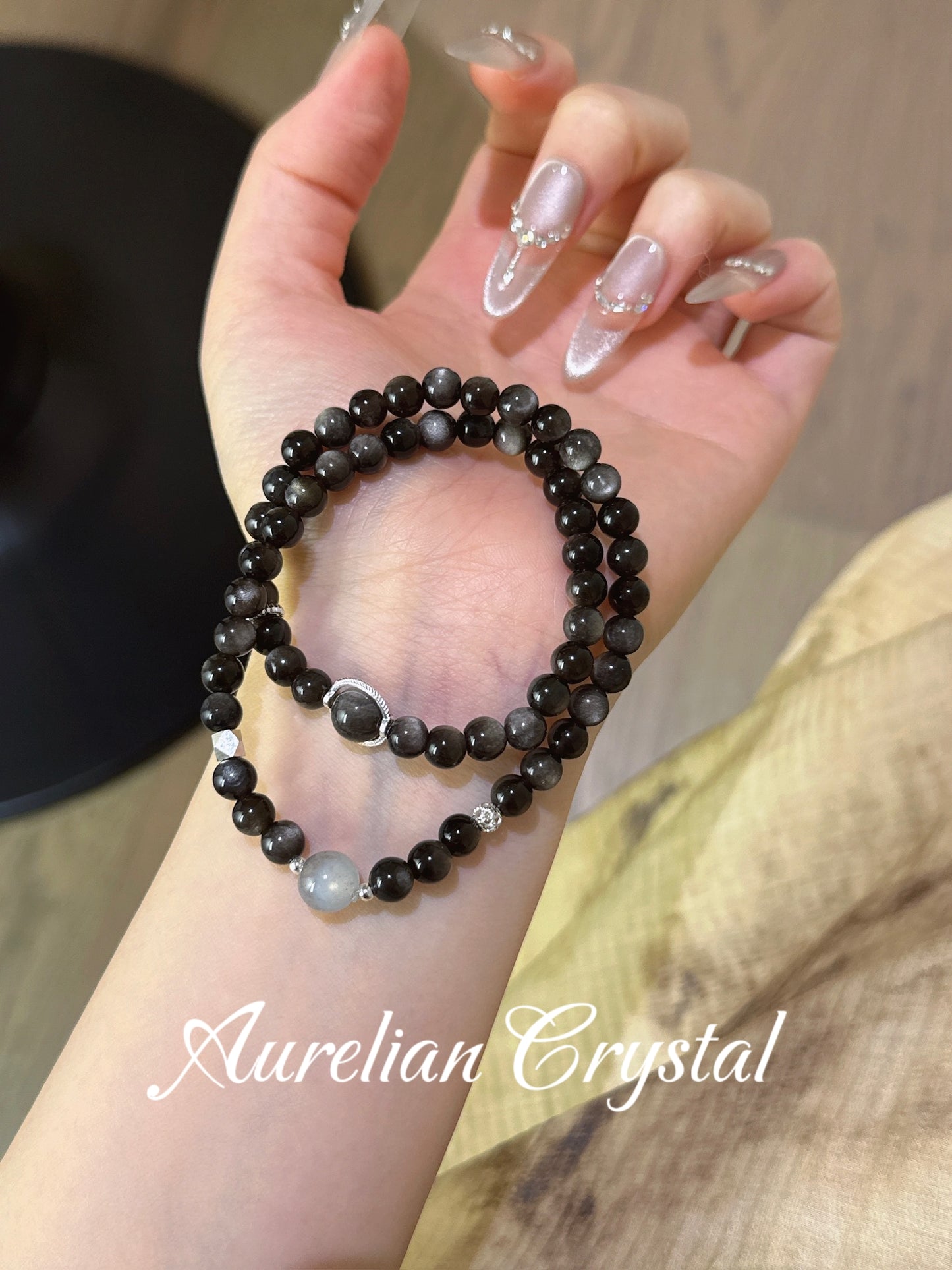 Silver Sheen Obsidian & Gray Moonstone Multi-Circle Bracelet (163x)