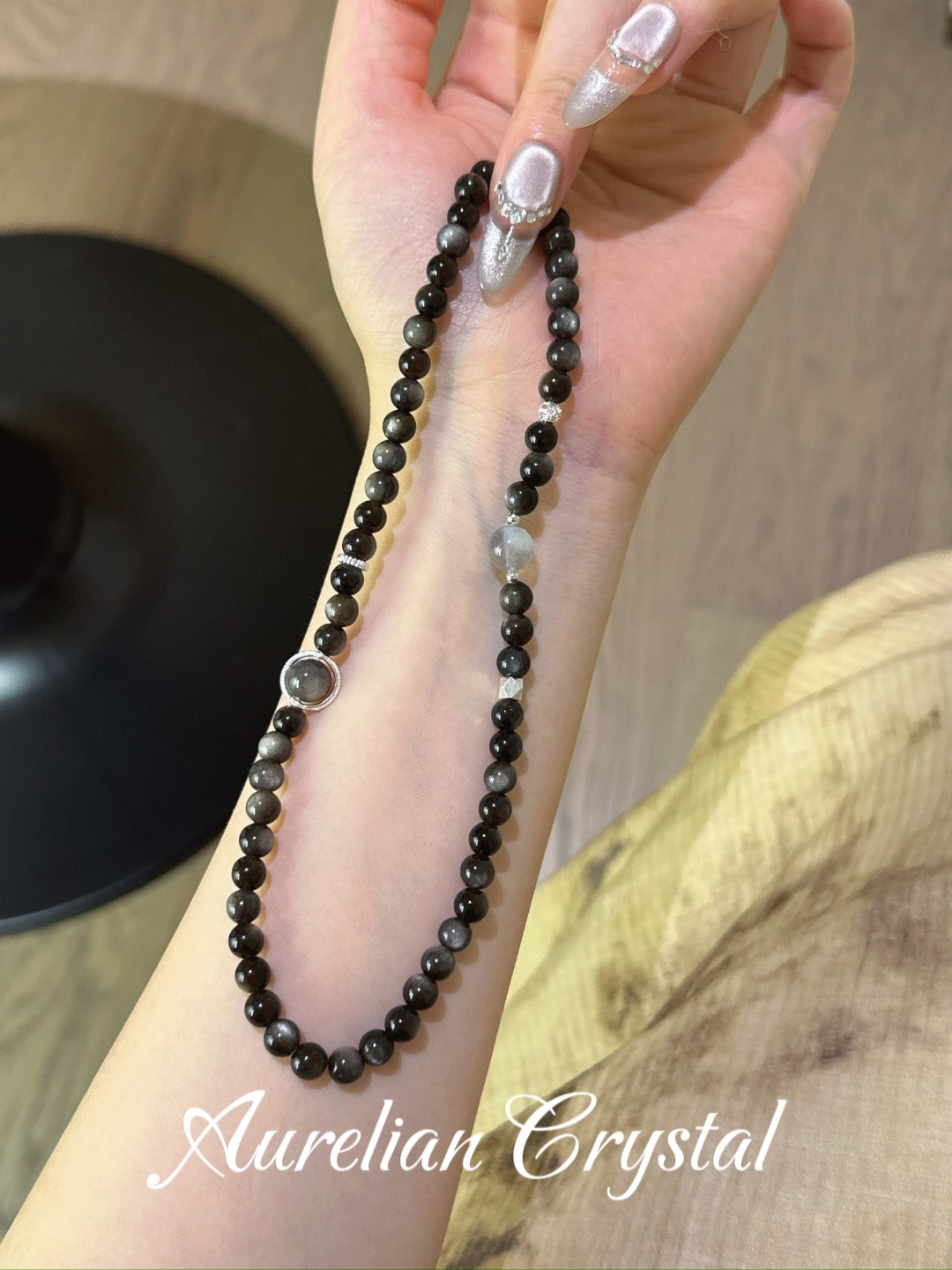 Silver Sheen Obsidian & Gray Moonstone Multi-Circle Bracelet (163x)
