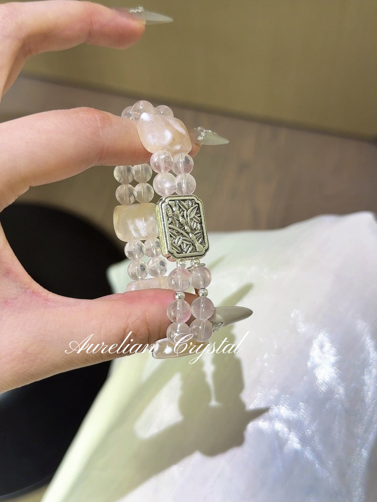 Cherry Blossom Agate & Rose Quartz Pendant(bac839)