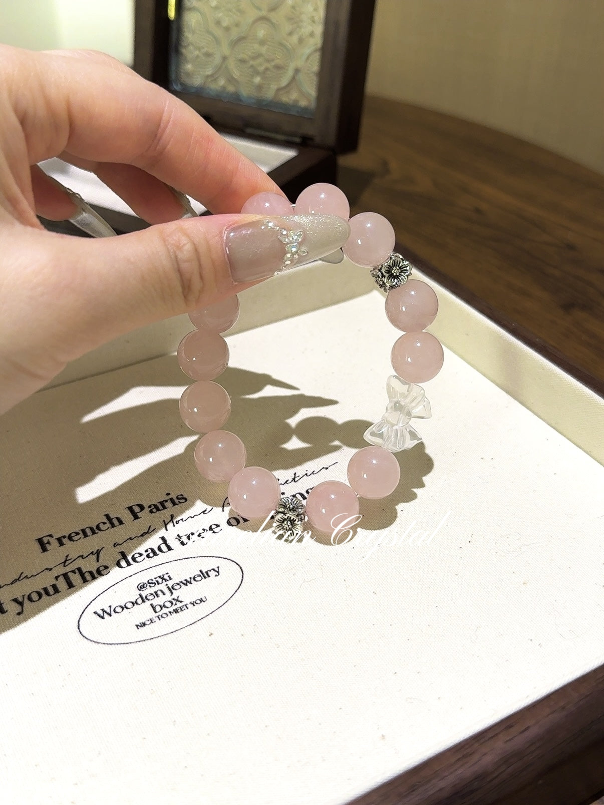 Rose Quartz & Clear Crystal Ribbon Bracelet (bac834)