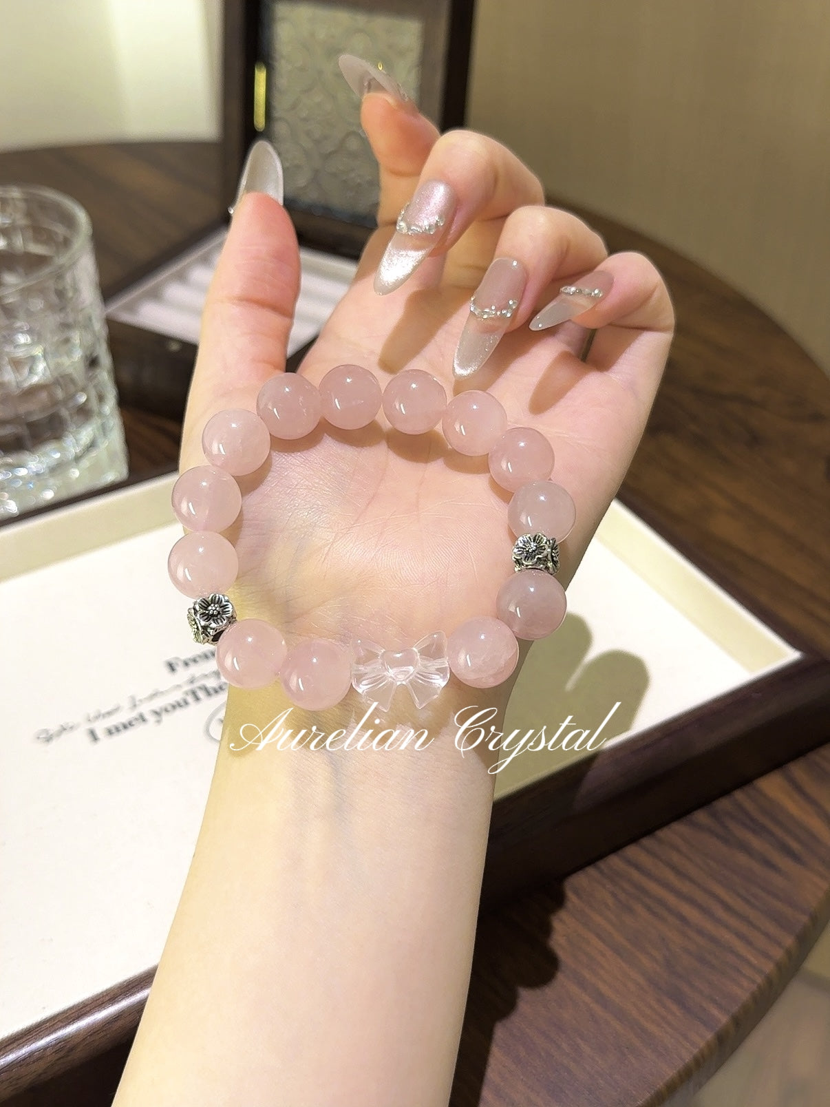 Rose Quartz & Clear Crystal Ribbon Bracelet (bac834)