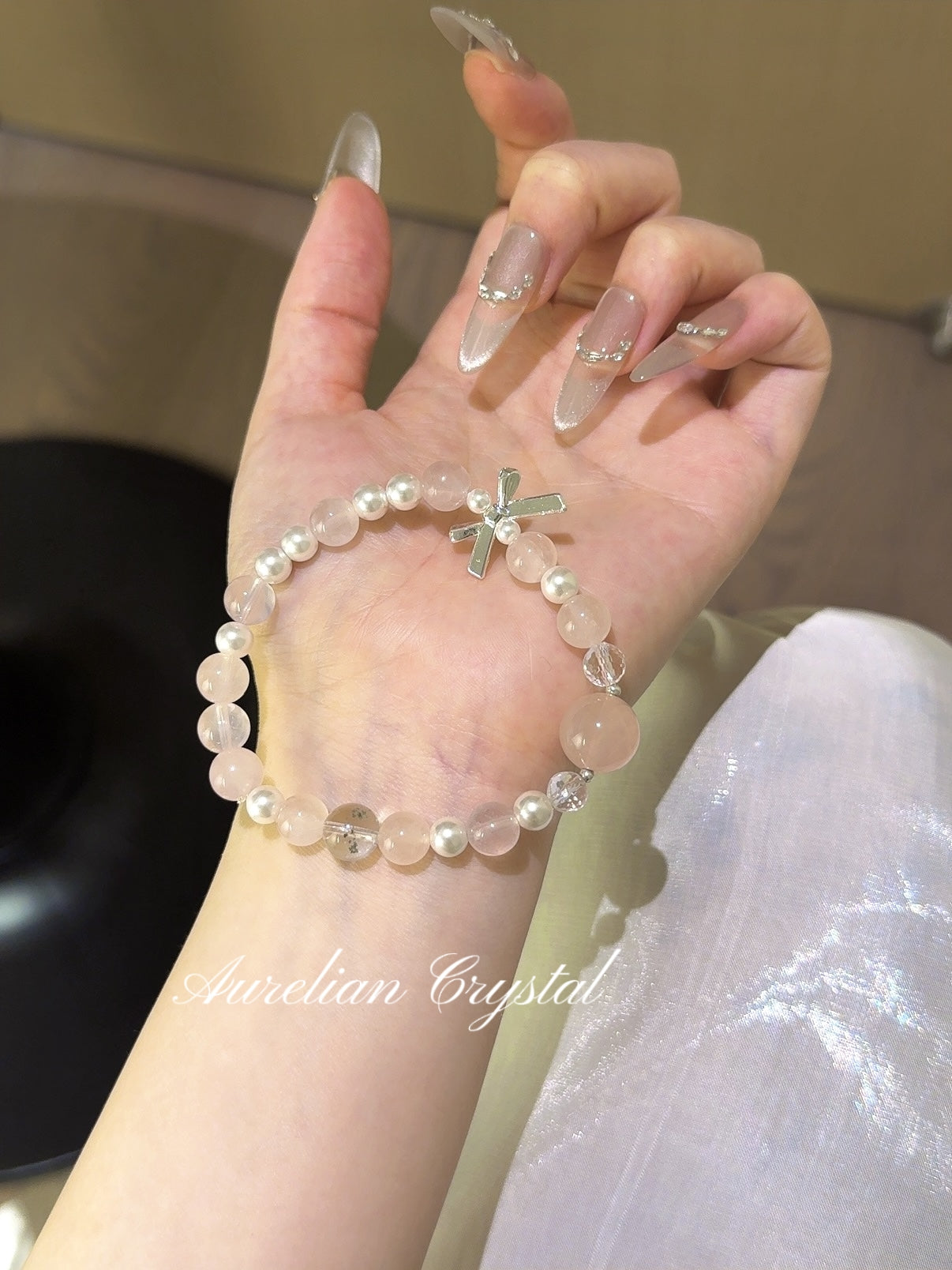 Rose Quartz, Green Phantom Quartz, Pearl & Clear Crystal Bracelet (bac827)