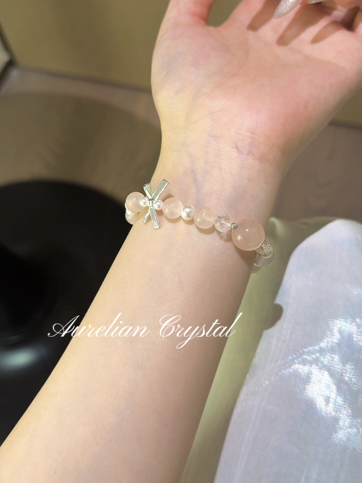 Rose Quartz, Green Phantom Quartz, Pearl & Clear Crystal Bracelet (bac827)
