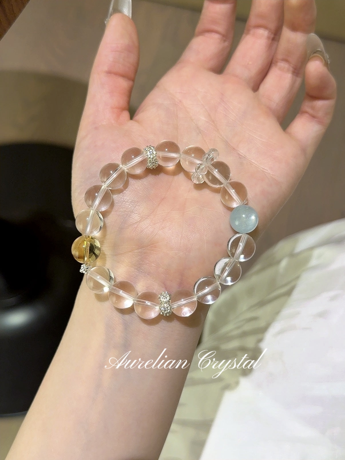 Clear Crystal, Aquamarine & Yellow Tower Quartz Bracelet (bac772)