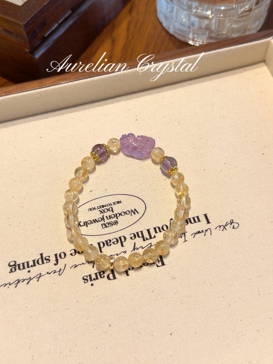 Yellow Tower Quartz & Amethyst Pi Xiu Bracelet (bac1261x)