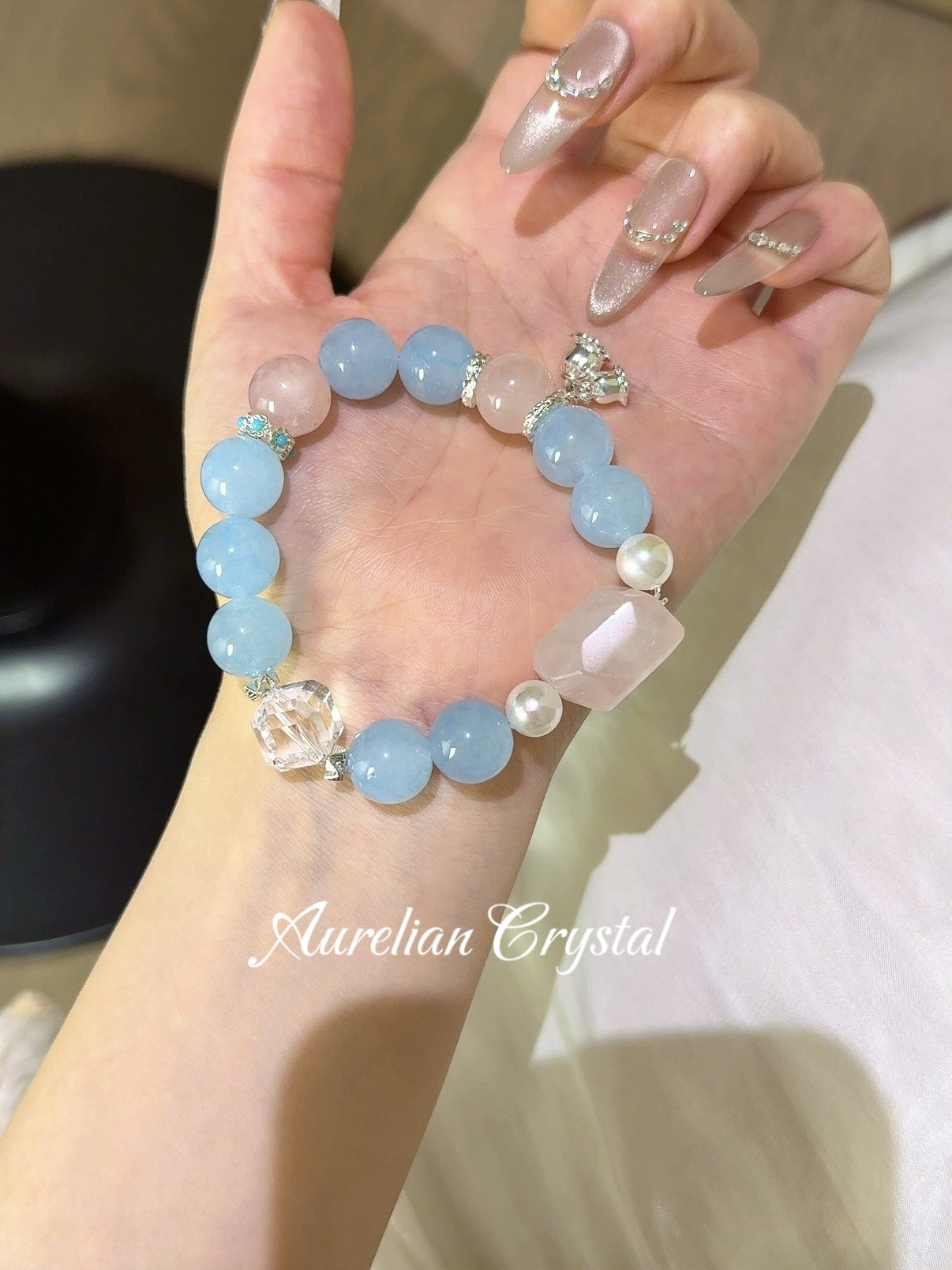 Blue Chalcedony & Rose Quartz freeform Bracelet (bac889)