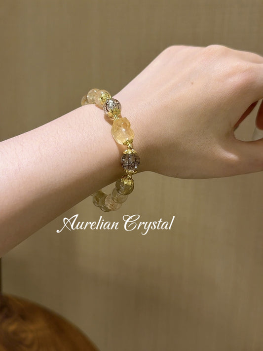 Rutilated Quartz, Black Gold Super & Citrine Pi Xiu Bracelet (bac735)