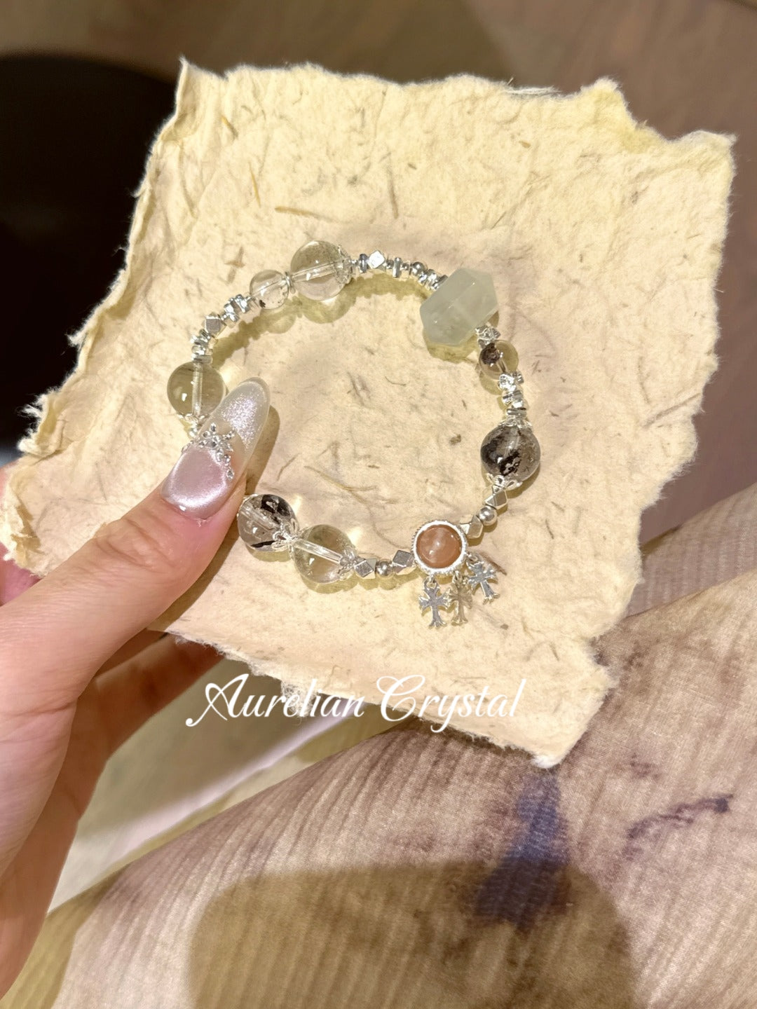Green Phantom Quartz, Flash Crystal & Sunstone Double-Terminated Bracelet (bac908)