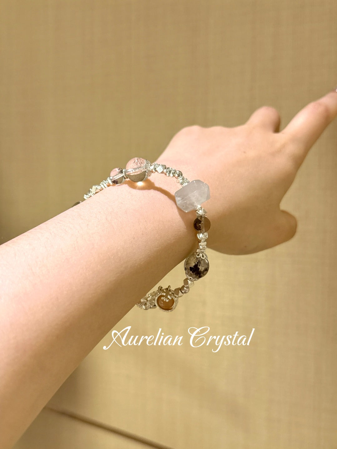 Green Phantom Quartz, Flash Crystal & Sunstone Double-Terminated Bracelet (bac908)