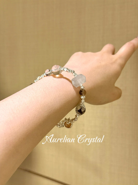 Green Phantom Quartz, Flash Crystal & Sunstone Double-Terminated Bracelet (bac908)