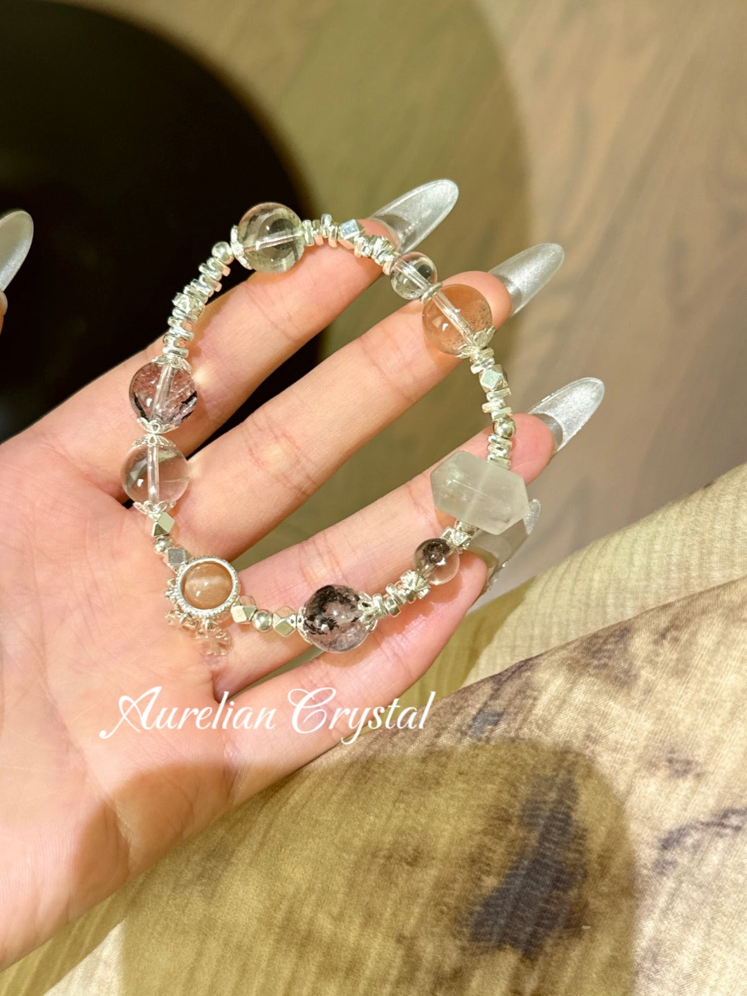 Green Phantom Quartz, Flash Crystal & Sunstone Double-Terminated Bracelet (bac908)