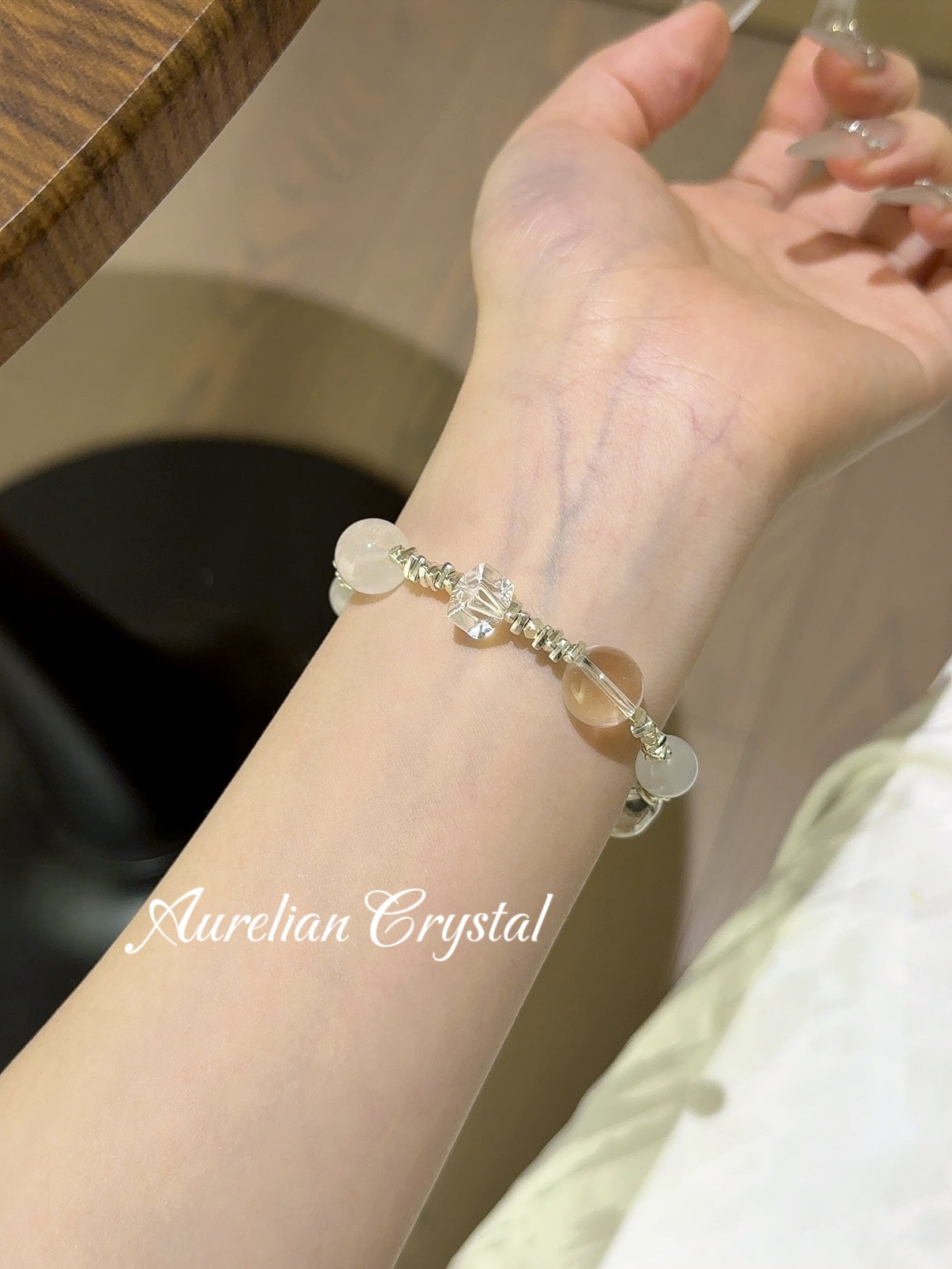 White Phantom Quartz, Clear Quartz, White Aurelite & Blue Moonstone Bracelet (bac788)