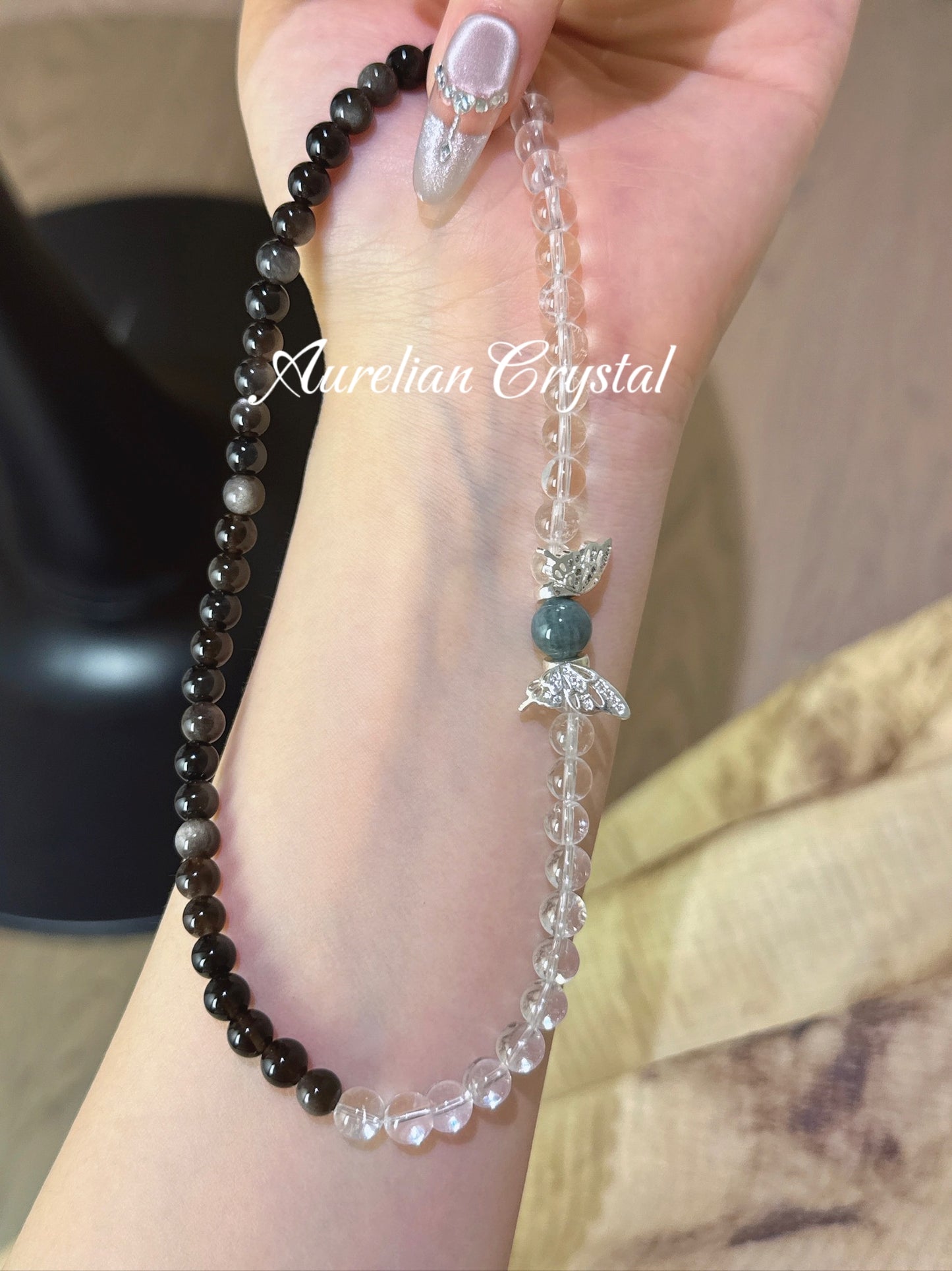 Clear Quartz, Silver Obsidian & Tiger's Eye Bracelet (bac620)
