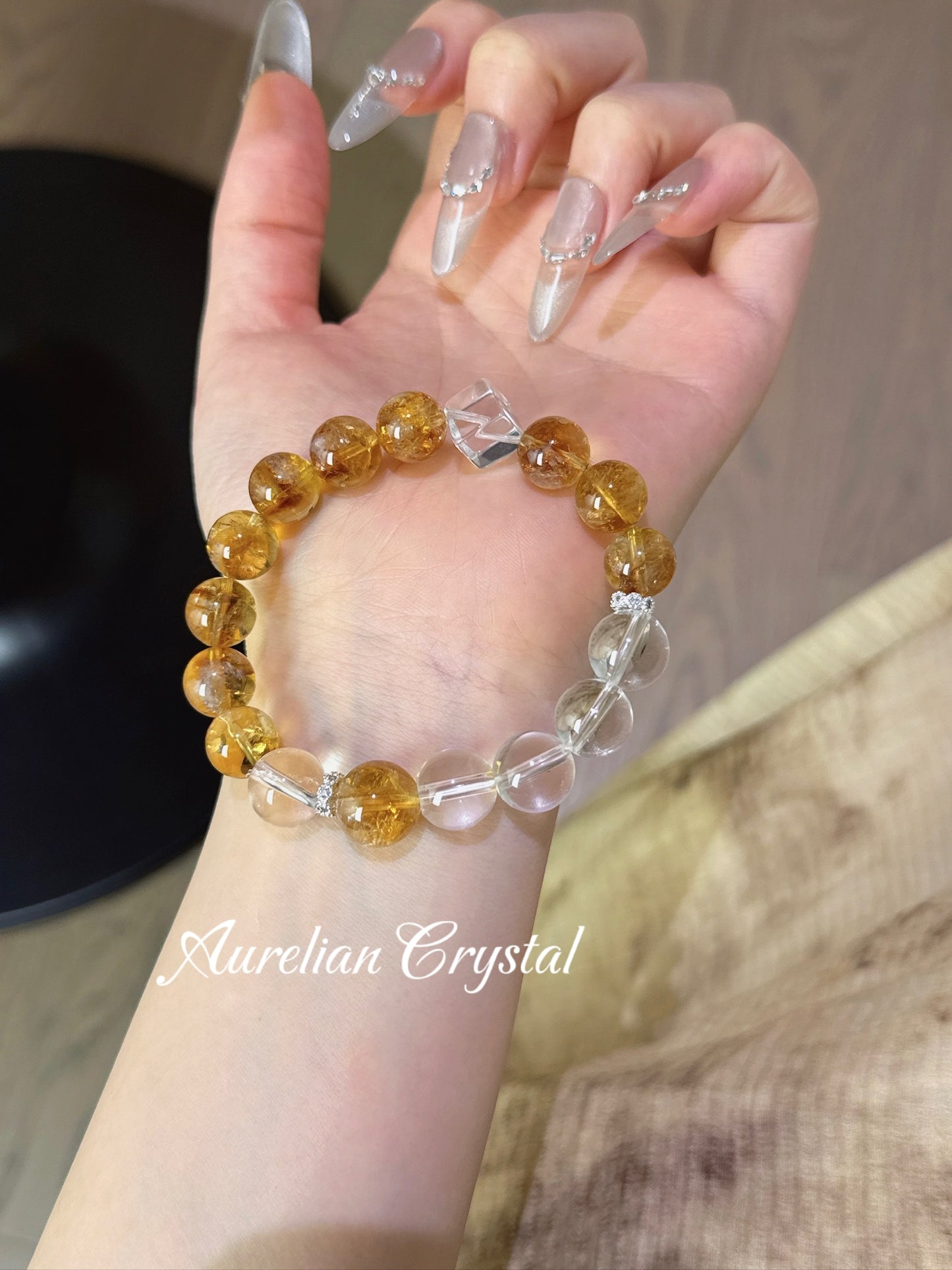 Yellow Calcite & Clear Quartz Cube Beads Bracelet (bac149x)