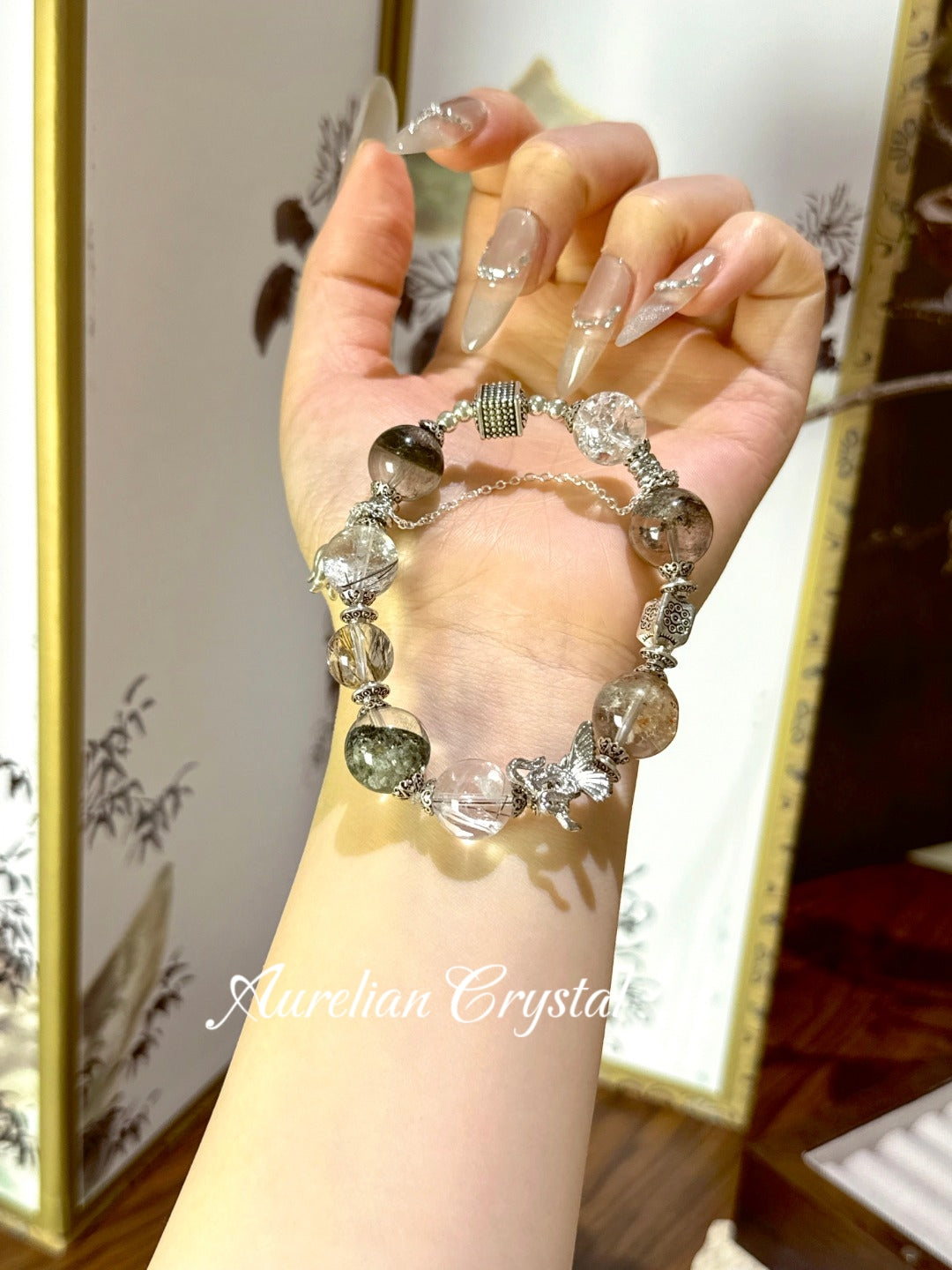 Green Phantom Quartz, Black Gold Ultra, Black Rutilated Quartz & White Azeztulite Bracelet (bac907)