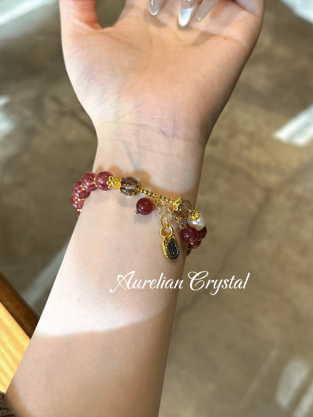 Strawberry Quartz & Black Rutilated Quartz Bracelet (bac845)