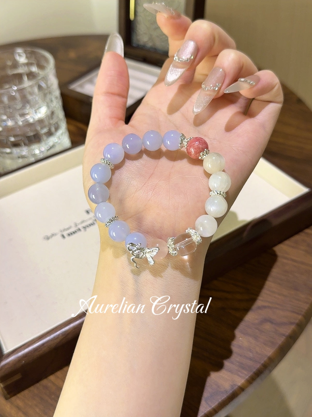 Blue Agate, White Moonstone & Clear Quartz Bracelet (bac898)
