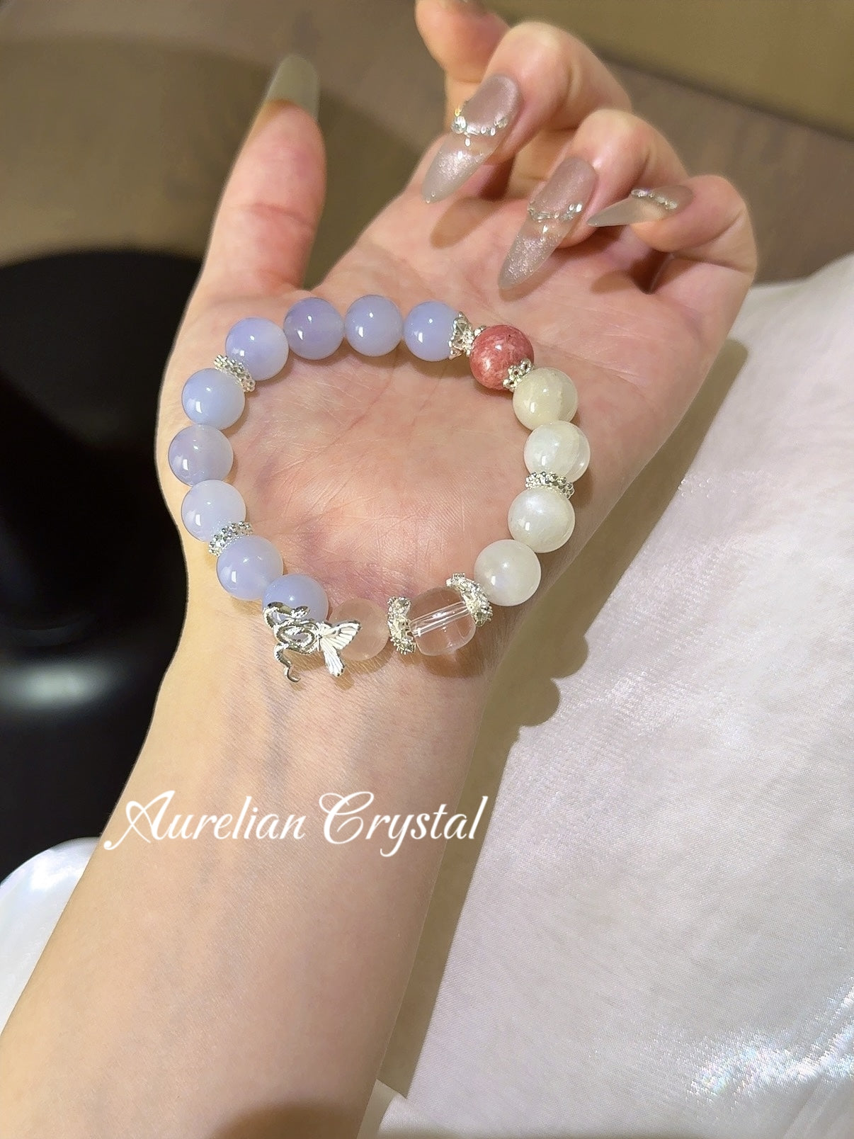 Blue Agate, White Moonstone & Clear Quartz Bracelet (bac898)