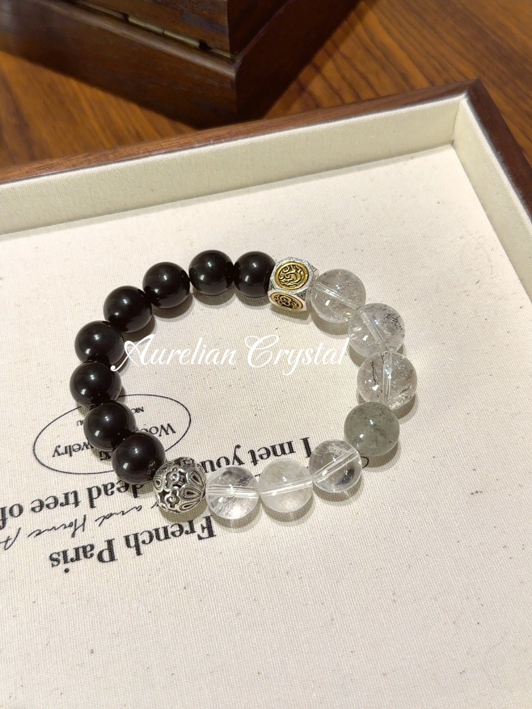 Black Obsidian, Herkimer Gemstone & Clear Quartz Bracelet (bac1332x)
