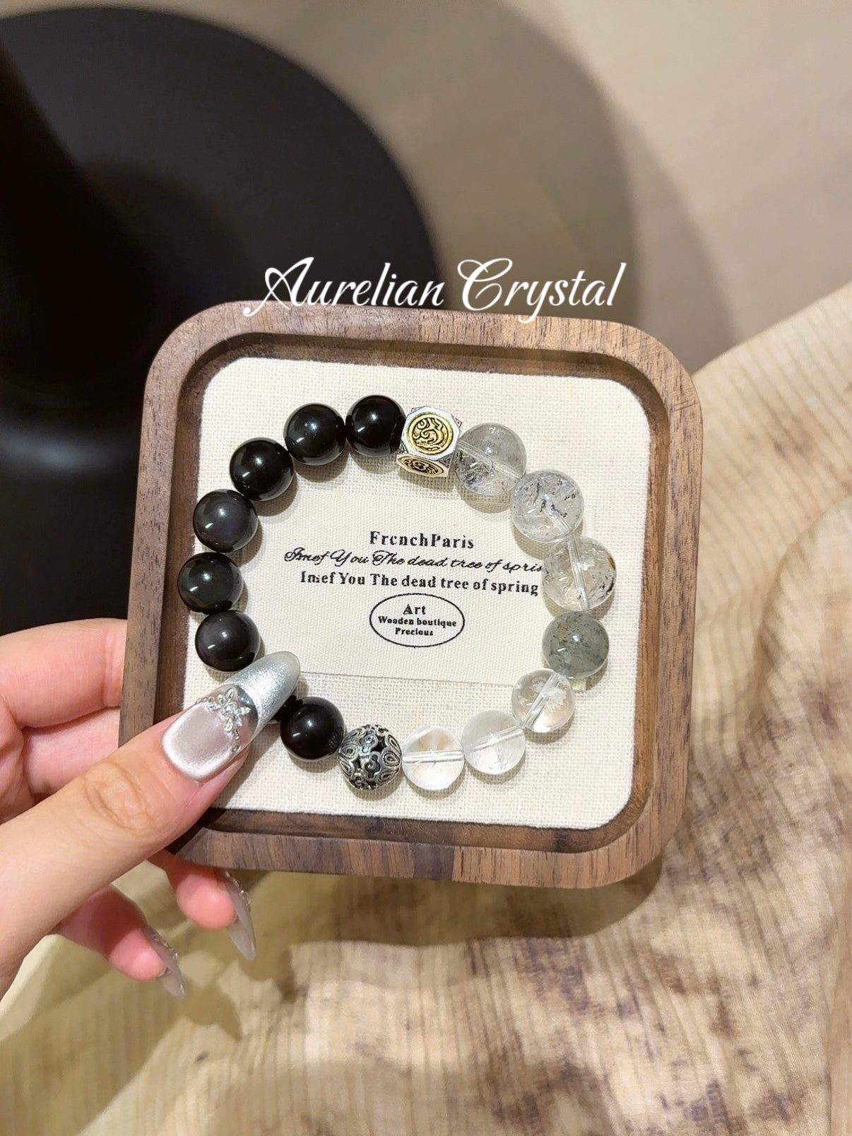 Black Obsidian, Herkimer Gemstone & Clear Quartz Bracelet (bac1332x)