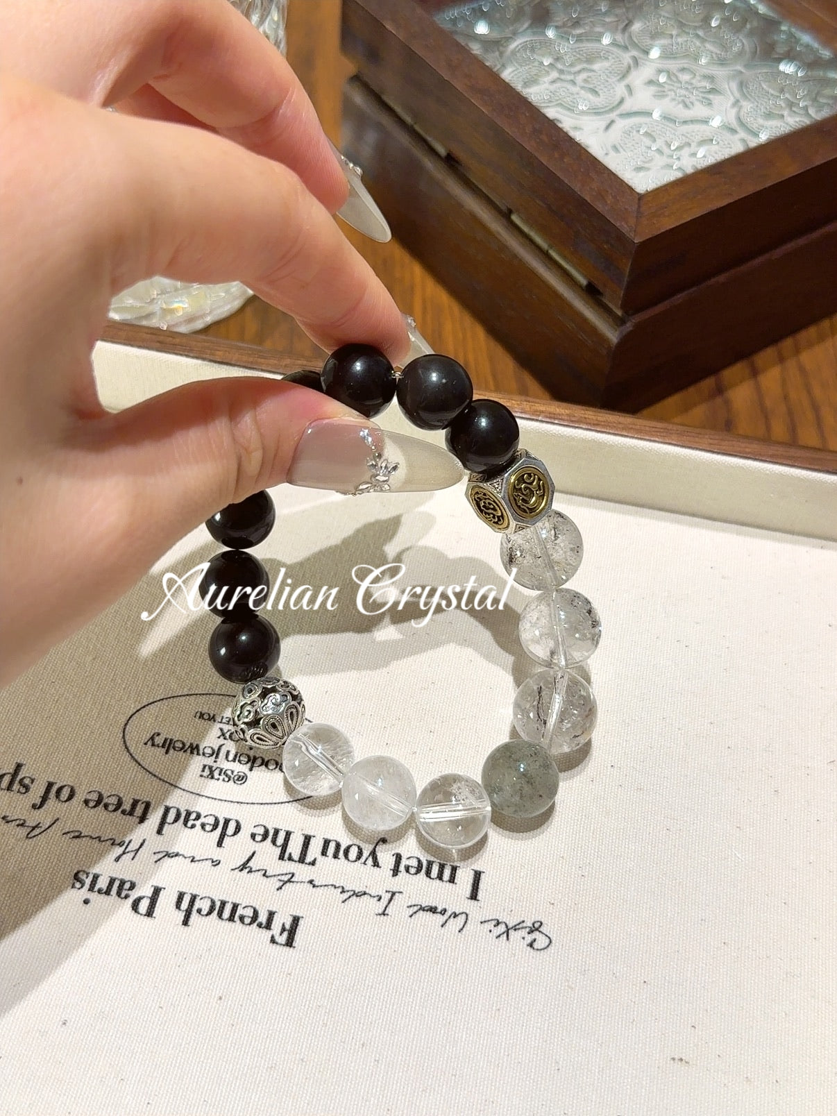 Black Obsidian, Herkimer Gemstone & Clear Quartz Bracelet (bac1332x)