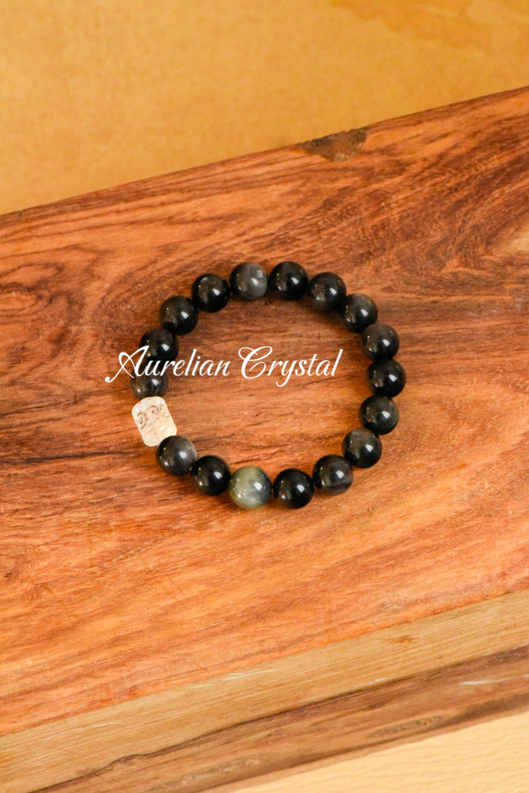 Silver Sheen Obsidian & Clear Quartz Barrel Bead Bracelet (bac339)