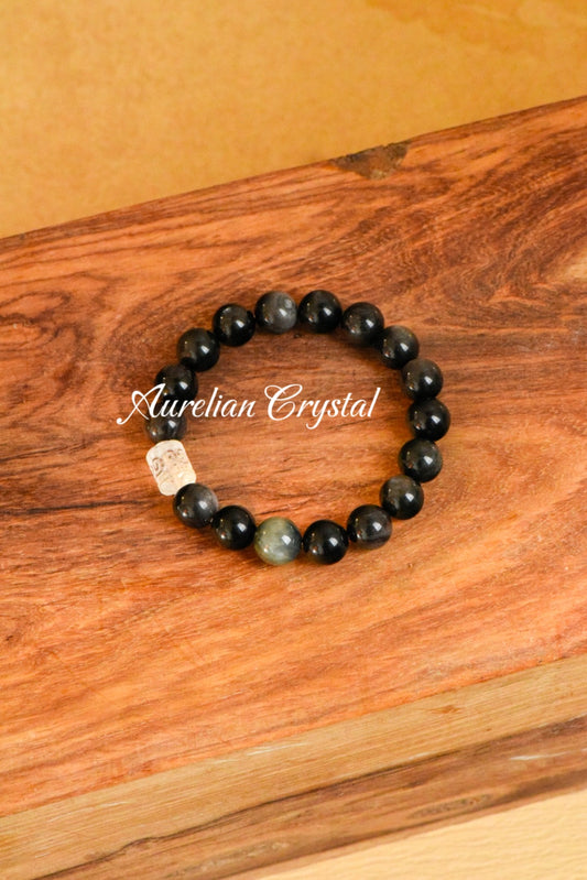 Silver Sheen Obsidian & Clear Quartz Barrel Bead Bracelet (bac339)