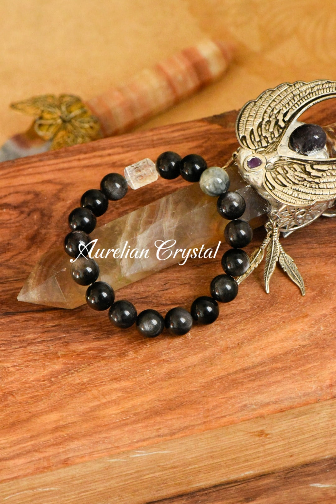 Silver Sheen Obsidian & Clear Quartz Barrel Bead Bracelet (bac339)