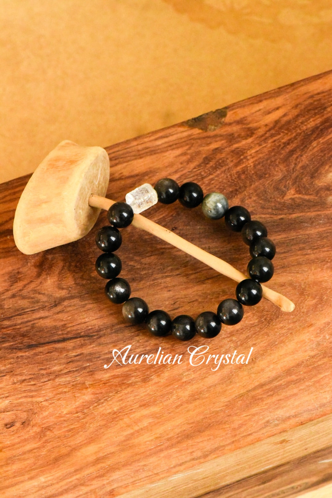 Silver Sheen Obsidian & Clear Quartz Barrel Bead Bracelet (bac339)