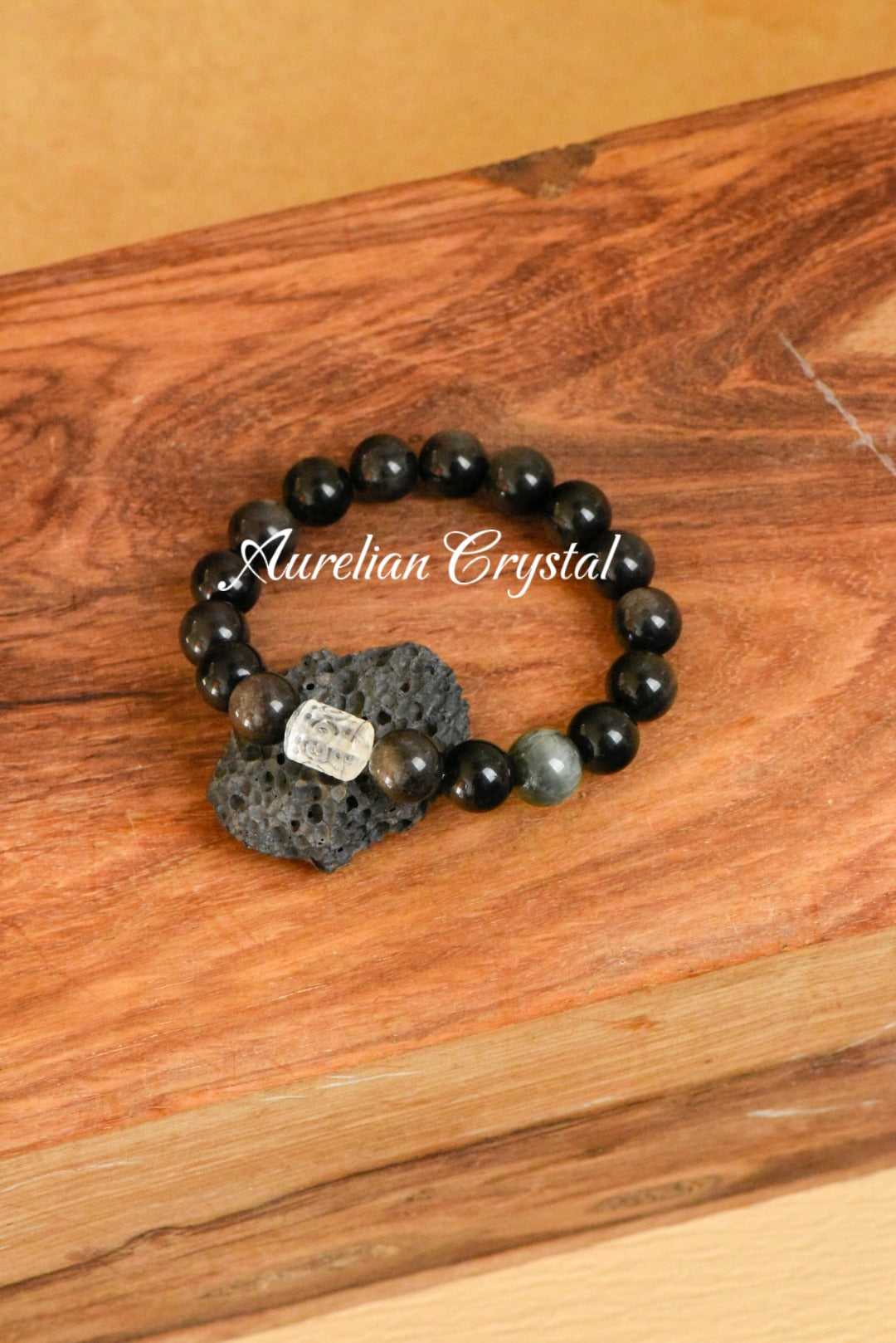 Silver Sheen Obsidian & Clear Quartz Barrel Bead Bracelet (bac339)